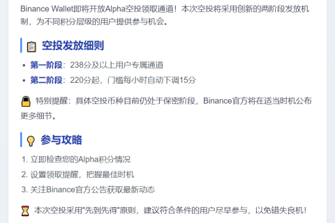 "Binance Alpha空投18:00开放，需238分"