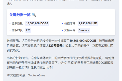 巨鲸从Binance提取225万美元DOGE