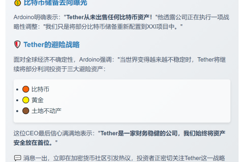 Tether CEO：未售比特币，部分储备投入XXI