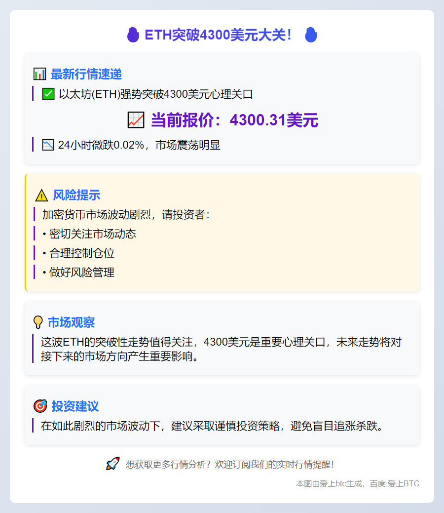 ETH突破4300美元