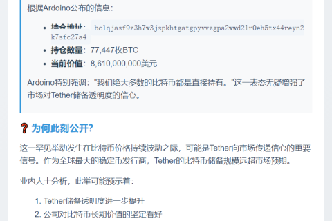 Tether CEO公布公司主要比特币持仓地址