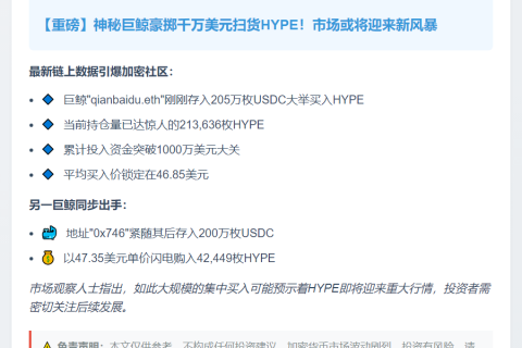巨鲸豪掷205万USDC囤积21.3万HYPE