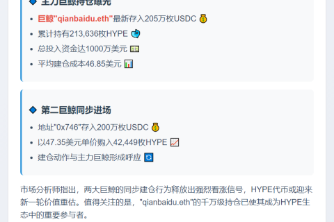 巨鲸205万USDC买入HYPE，持仓21.3万枚