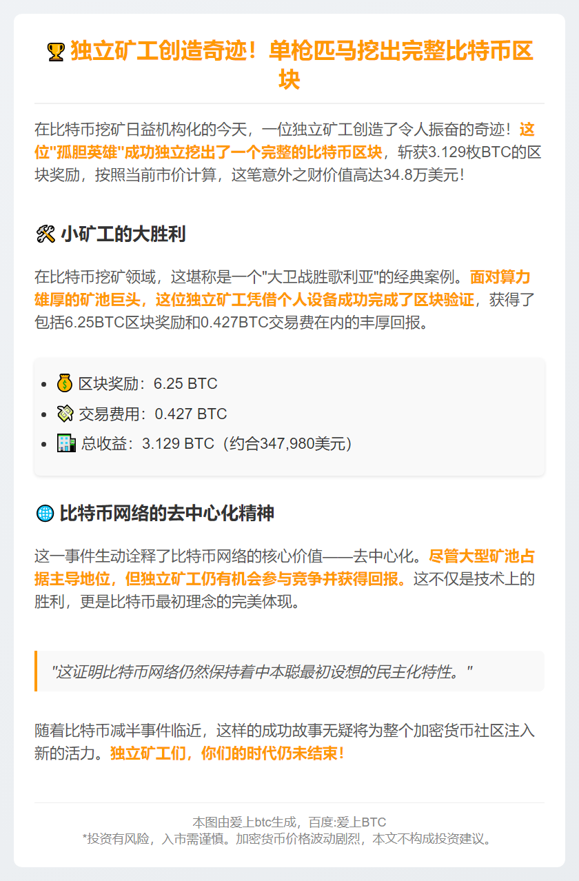 矿工独挖比特币区块 获利35万美元