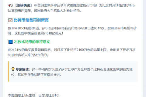 萨尔瓦多纪念比特币法四周年购入21枚