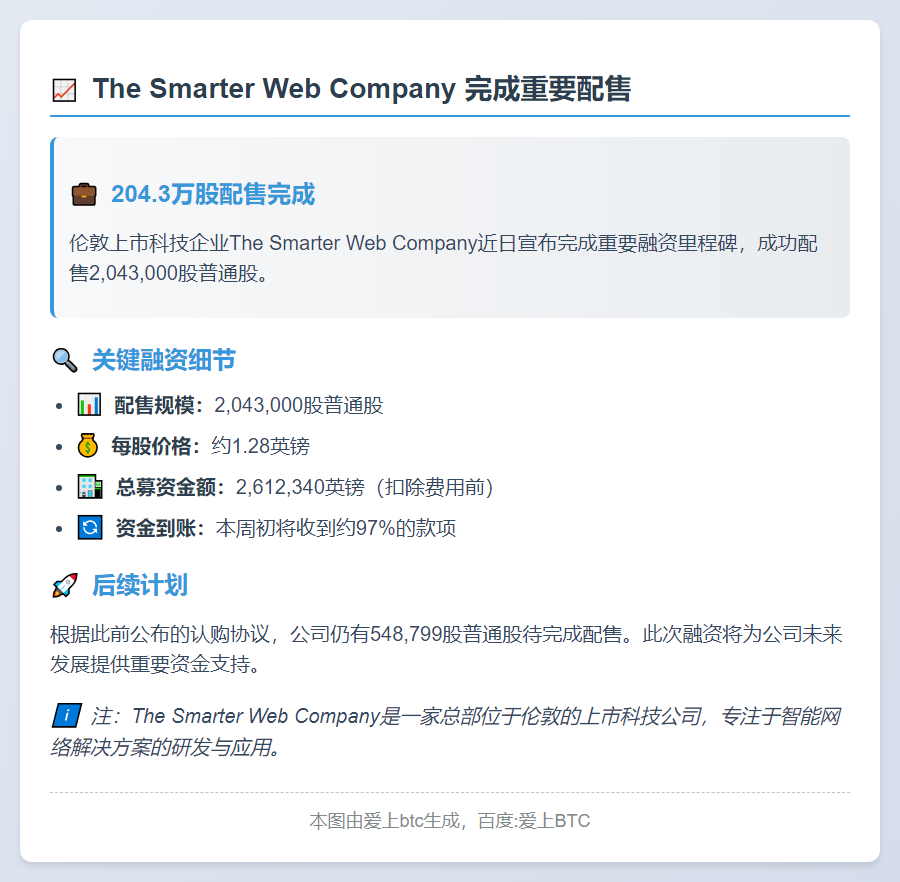 Smarter Web完成204.3万股配售