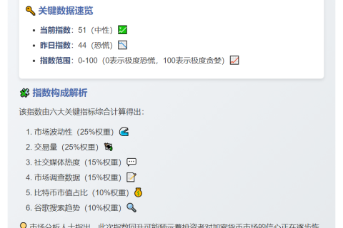 加密恐慌指数51，市场情绪中性