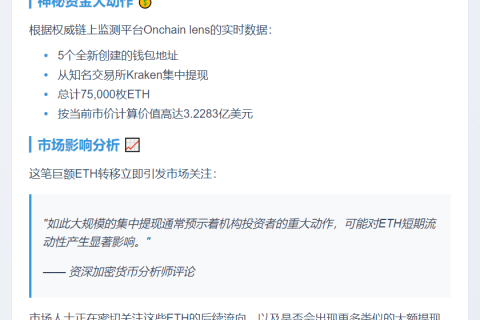 5地址从Kraken提7.5万ETH