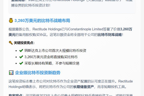 Rectitude Holdings募资3260万购比特币