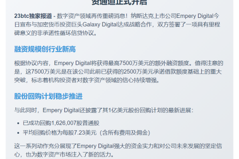 Empery获Galaxy Digital 7500万美元投资