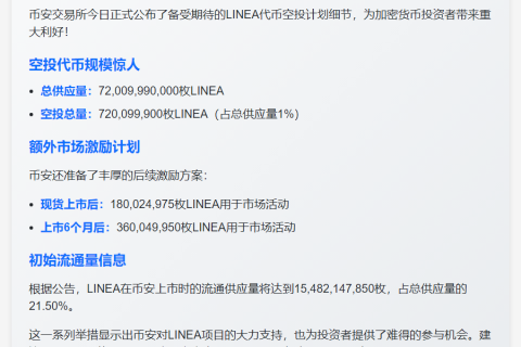 币安：LINEA空投占供应量1%