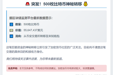 500枚比特币转至未知钱包