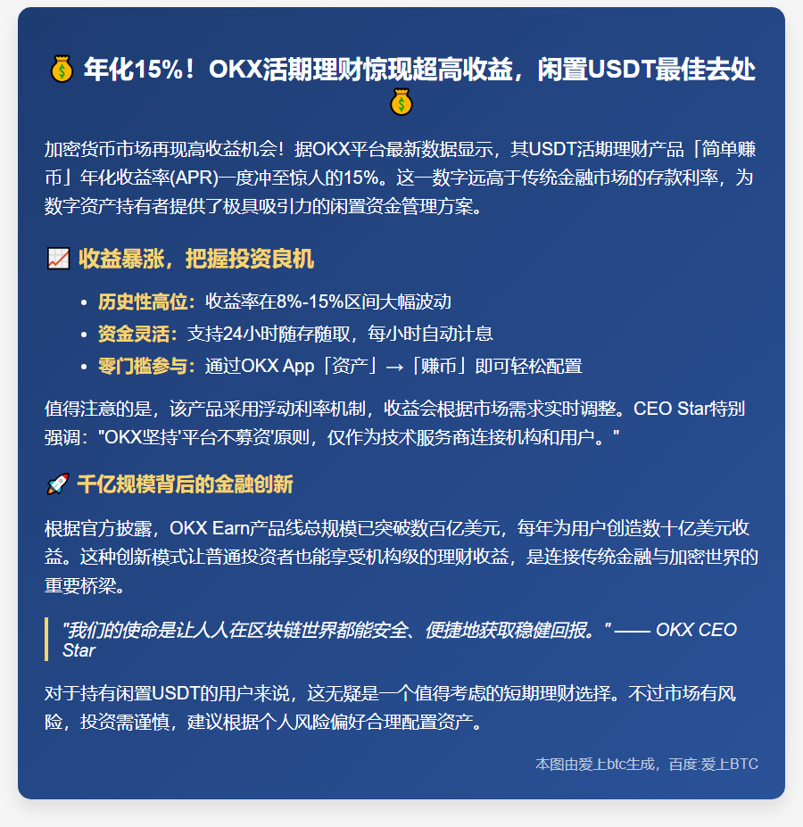 OKX活期USDT赚币APR达15%