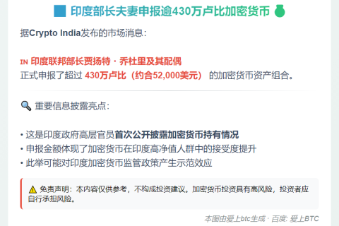 印度部长夫妻申报逾430万卢比加密货币