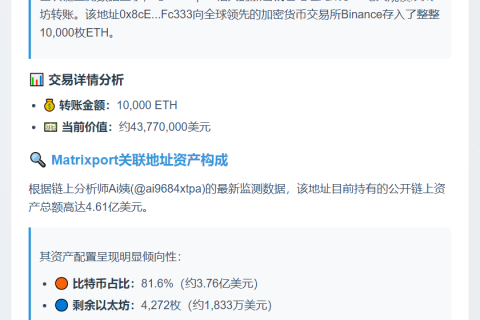 Matrixport向Binance充值1万ETH