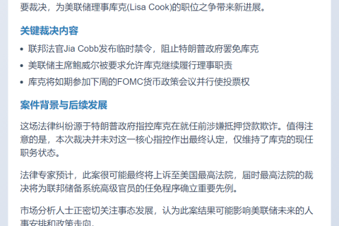 美法院准库克下周FOMC投票
