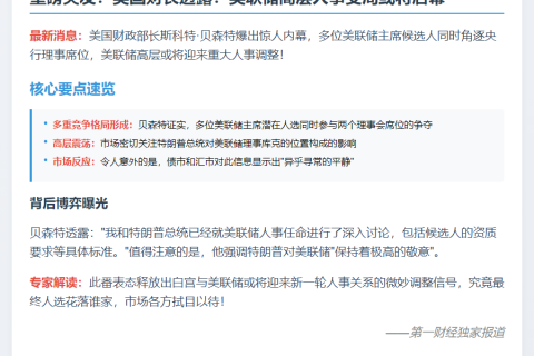 贝森特：多位人选可任美联储理事