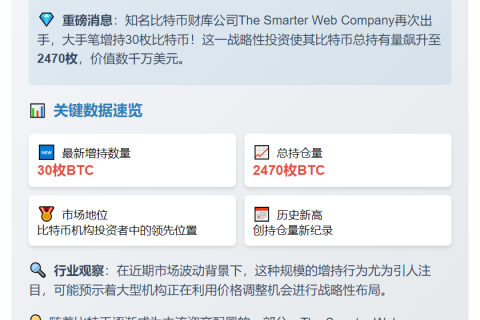 Smarter Web增持30比特币，总量达2470枚