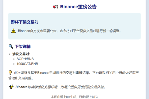 Binance下架SOPH/BNB和1000CAT/BNB交易对