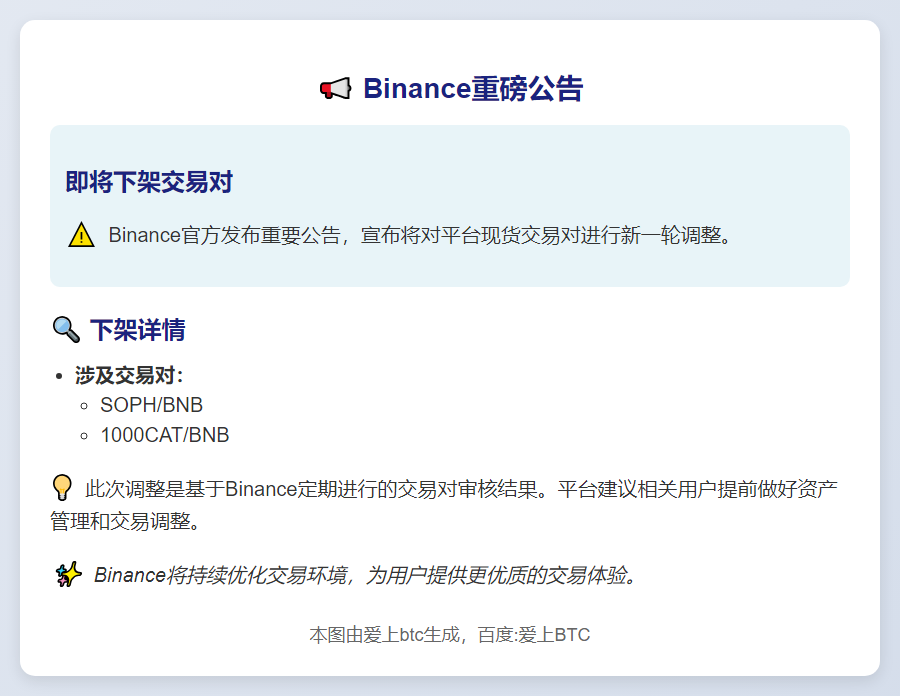 Binance下架SOPH/BNB和1000CAT/BNB交易对