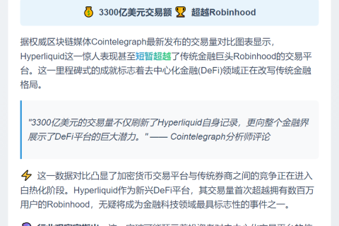 Hyperliquid交易量7月达3300亿 超Robinhood