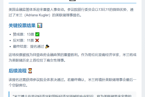 美参议院通过米兰美联储理事提名