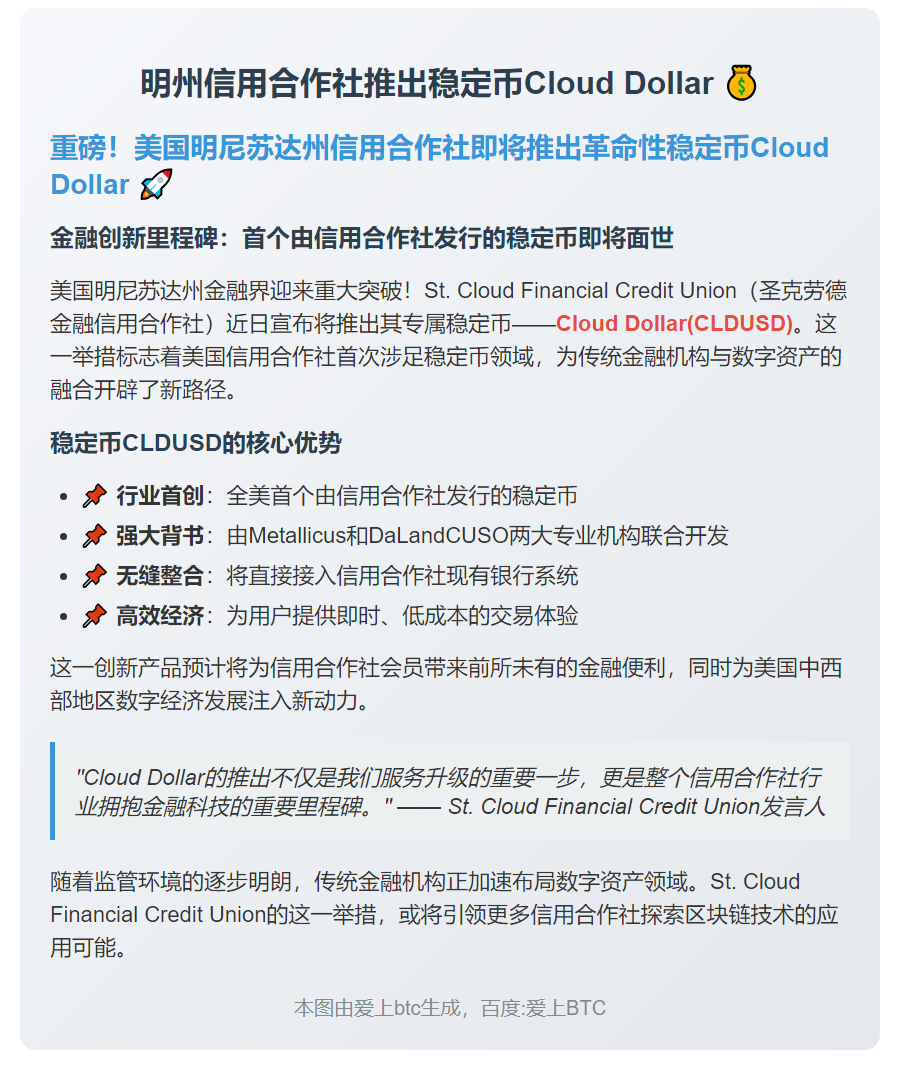 明州信用合作社推出稳定币Cloud Dollar