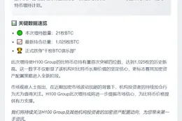 H100增持21枚比特币，持仓破千