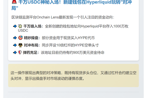 巨鲸豪掷1000万USDC做空HYPE