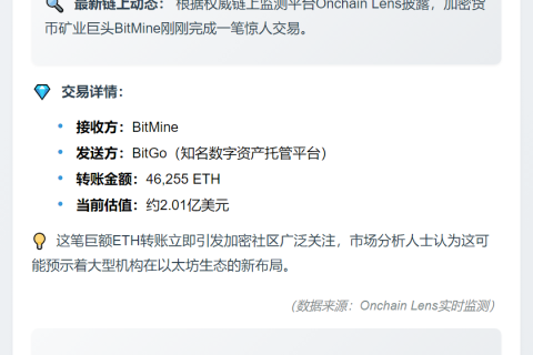 "BitMine获BitGo 2.01亿美元ETH转账"