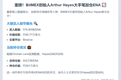 Arthur Hayes豪掷46.77万美元购入57.89万枚ENA