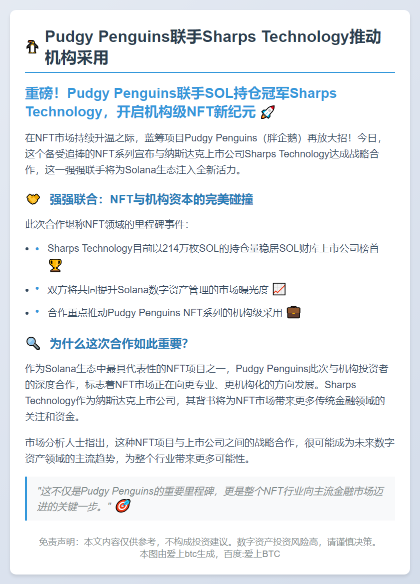 Pudgy Penguins联手Sharps Technology推动机构采用