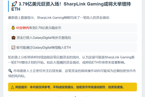 SharpLink获3.79亿稳定币或将增持ETH