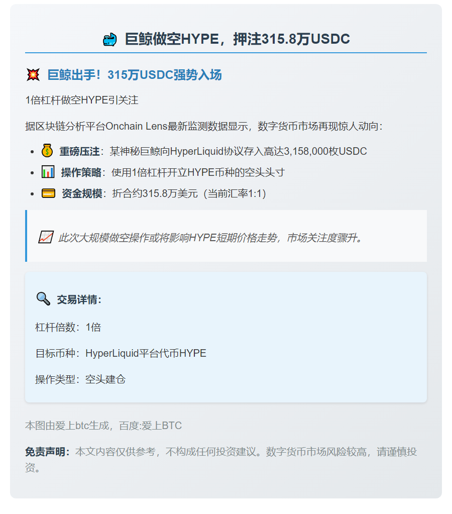 "巨鲸做空HYPE，押注315.8万USDC"