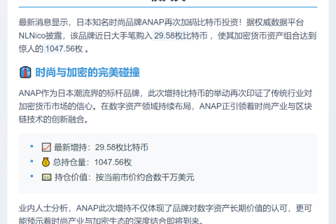 日本时尚品牌ANAP增持比特币至1047.56枚