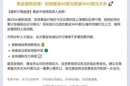 黄金短线飙升近30美元