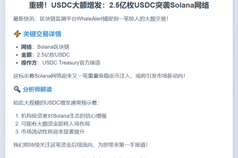 Solana新增2.5亿USDC铸造