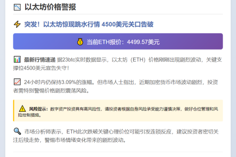 ETH跌破4500美元
