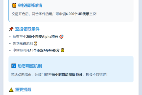 币安UB空投需200分