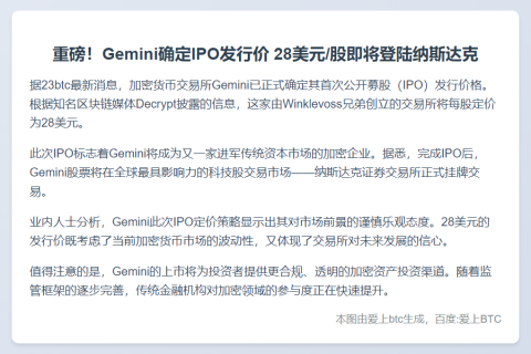 Gemini IPO定价每股28美元