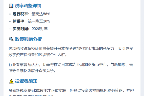 日本拟2026年降加密货币税至20%