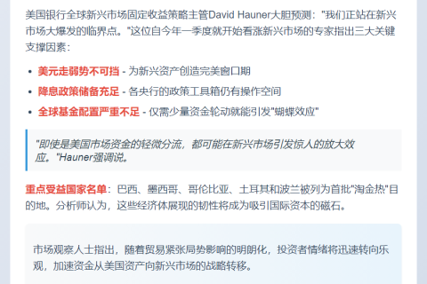 新兴市场明年或迎资金大举流入