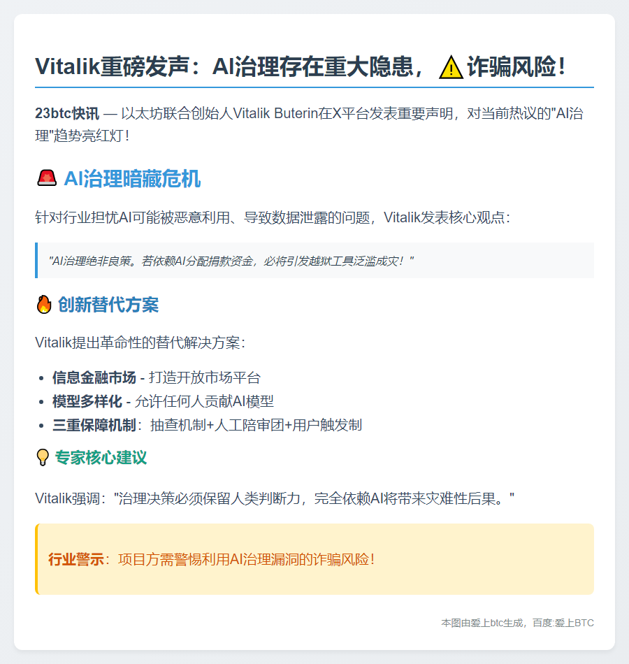 Vitalik警告：AI治理或致资金欺诈