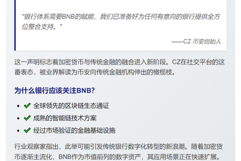 CZ提议银行整合BNB