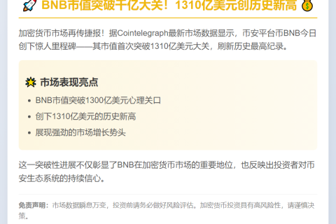 BNB市值突破1310亿美元新高