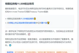 特斯拉持1.15万枚比特币 上市公司中排第11