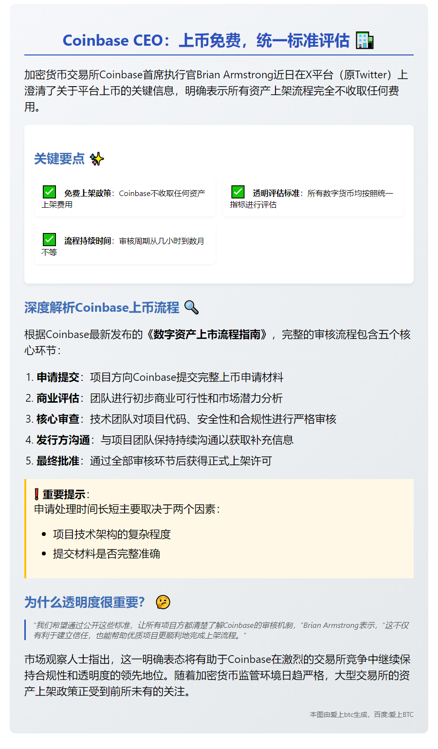 Coinbase CEO：上币免费，统一标准评估