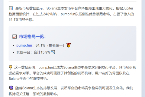 "pump.fun占Solana发币市场84.1%份额"