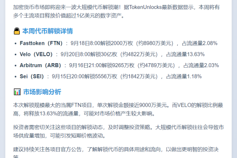 VELO、ARB等本周迎大额解锁