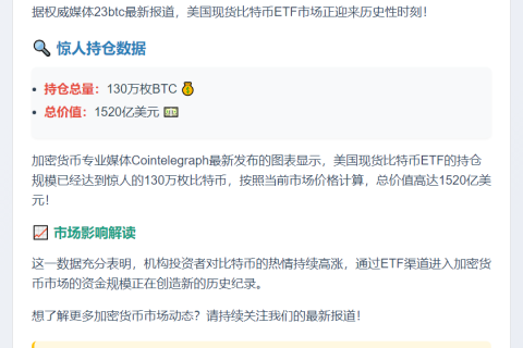 美现货比特币ETF持仓130万枚BTC